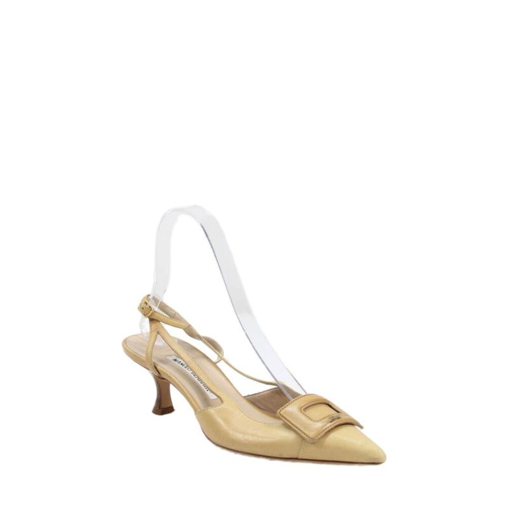 Manolo Blahnik Womens Kitten Heel Pointed Toe Leather Slingback Pumps Brown 36.5
